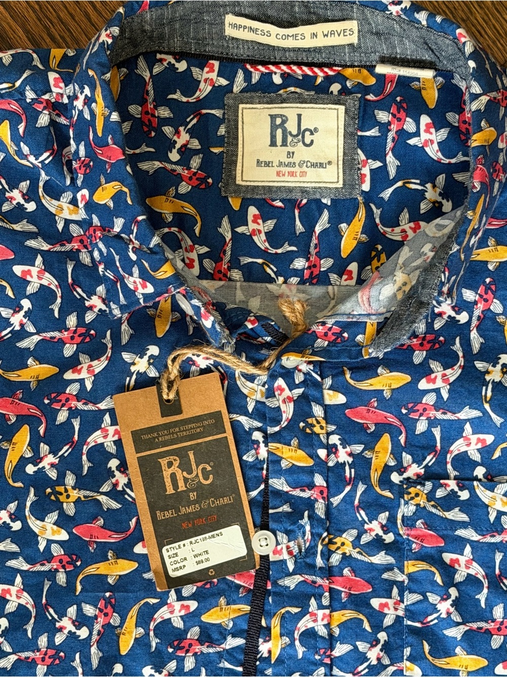 RJC Short-Sleeve Blue Koi Print Button-Down Shirt